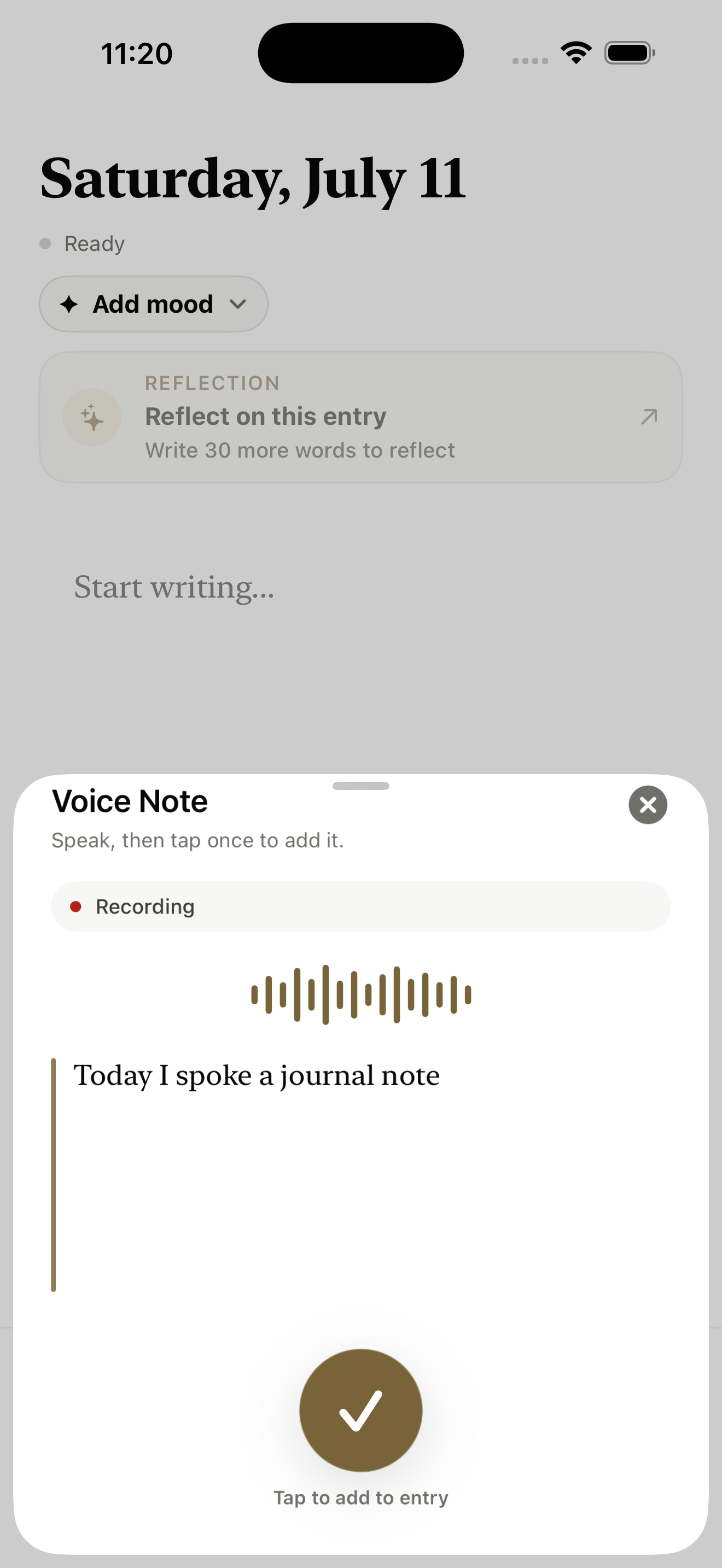 Stillena voice note screen with transcription and an action to add it to an entry.